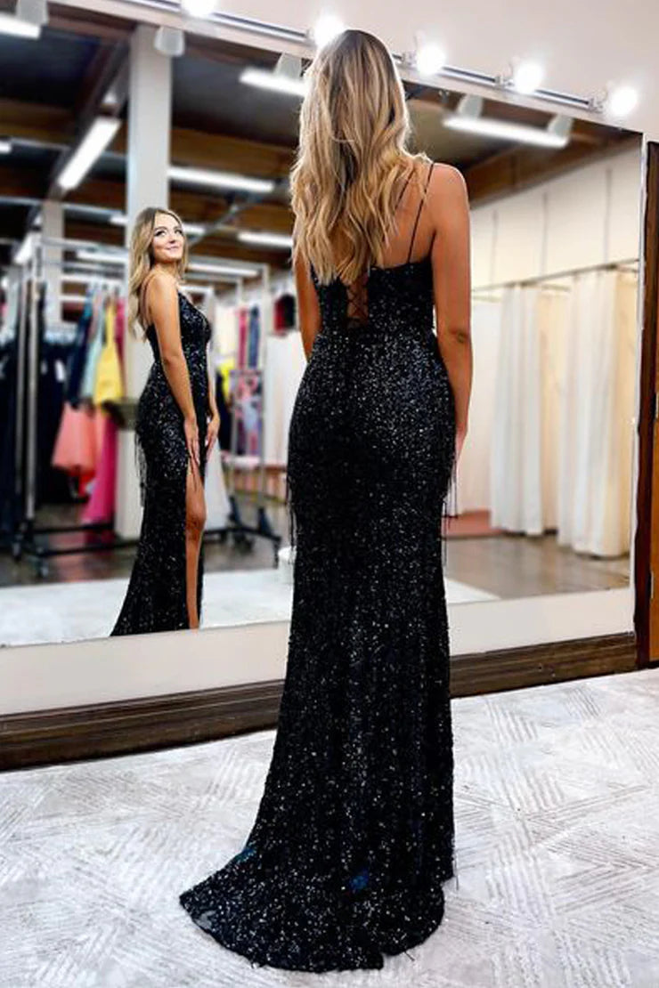Fashion Mermaid V Neck Black Velvet Sequins Long Unique Design Prom Dresses